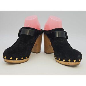 VERONICA BEARD Dacey Midnight Black Suede Brass Studded Buckle Mules Size 9M EUC